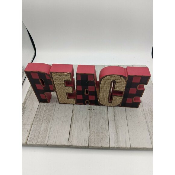 Christmas Farmhouse PEACE Burlap Wood Block Word Red Black Buffalo Check - Picture 2 of 7
